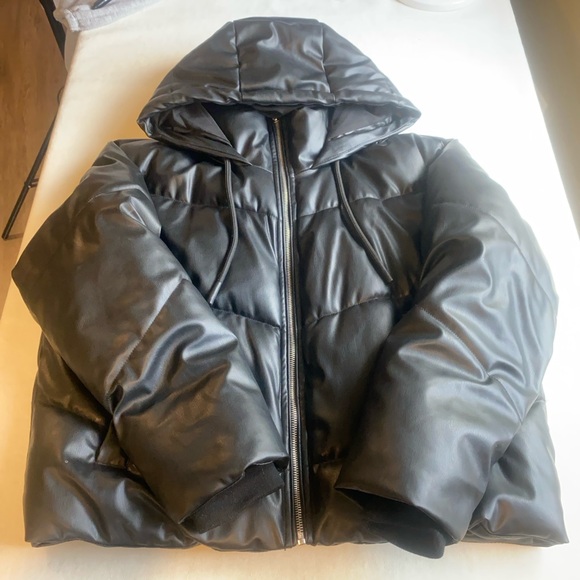 ZARA Faux Leather Puffer Jacket Black Hooded Zip Front Women’s Small - Picture 3 of 13